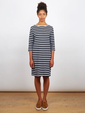 Kowtow Organic Cotton Striped Navy and White Boatneck Shift Dress M